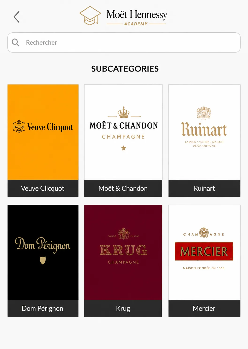 Écran d'accueil de la Moët Hennessy Academy : les six Maisons de champagne, chacune avec son identité graphique propre.