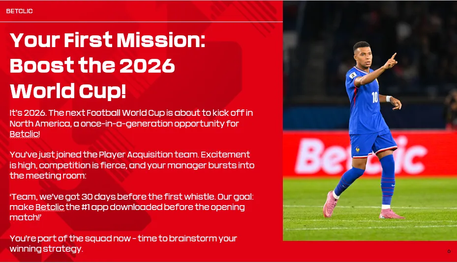 Écran d'ouverture du parcours : la première mission confiée à l'arrivant, faire de l'application le téléchargement numéro un avant le coup d'envoi de la Coupe du monde.