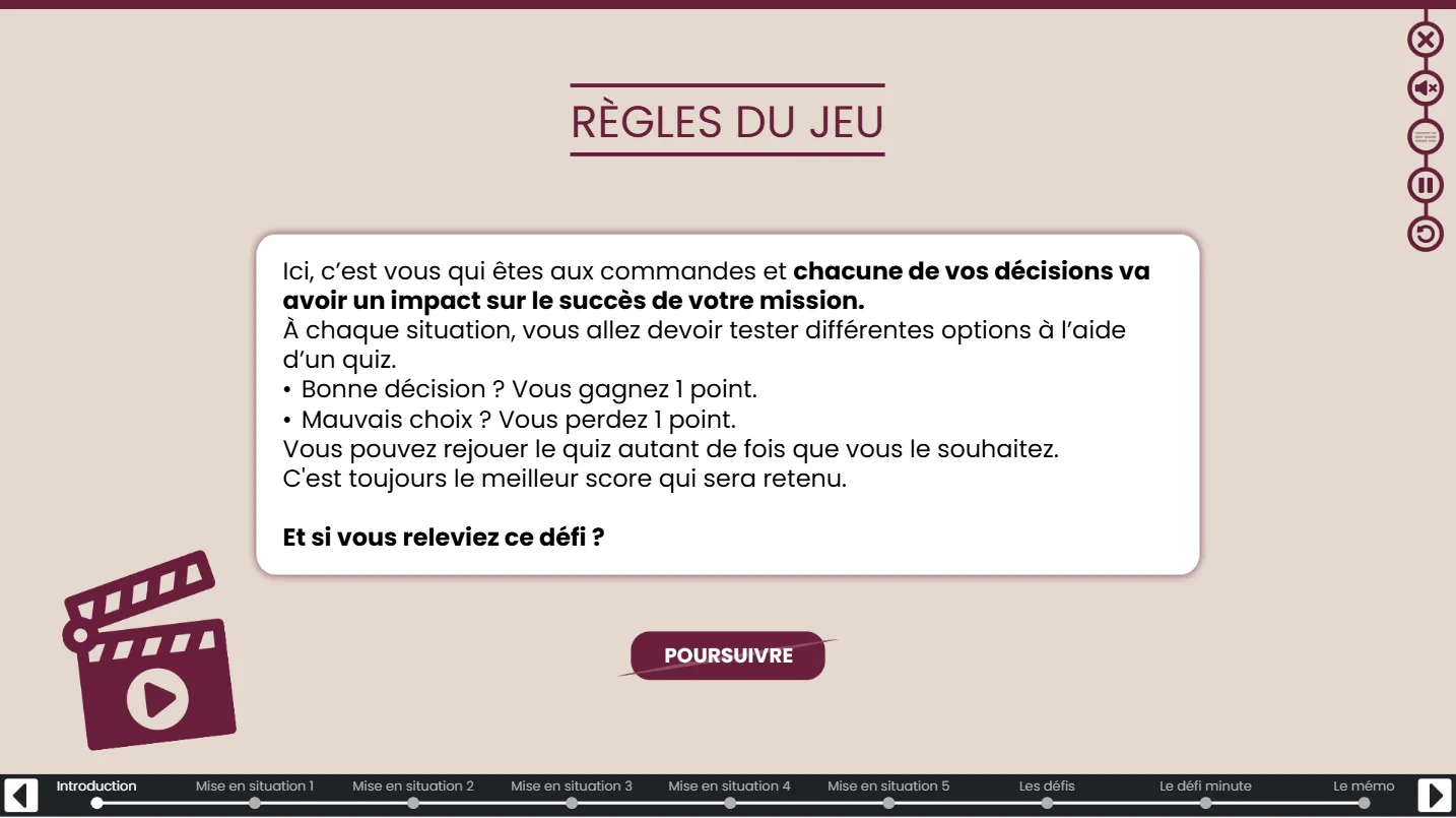Règles du jeu des modules immersifs.
