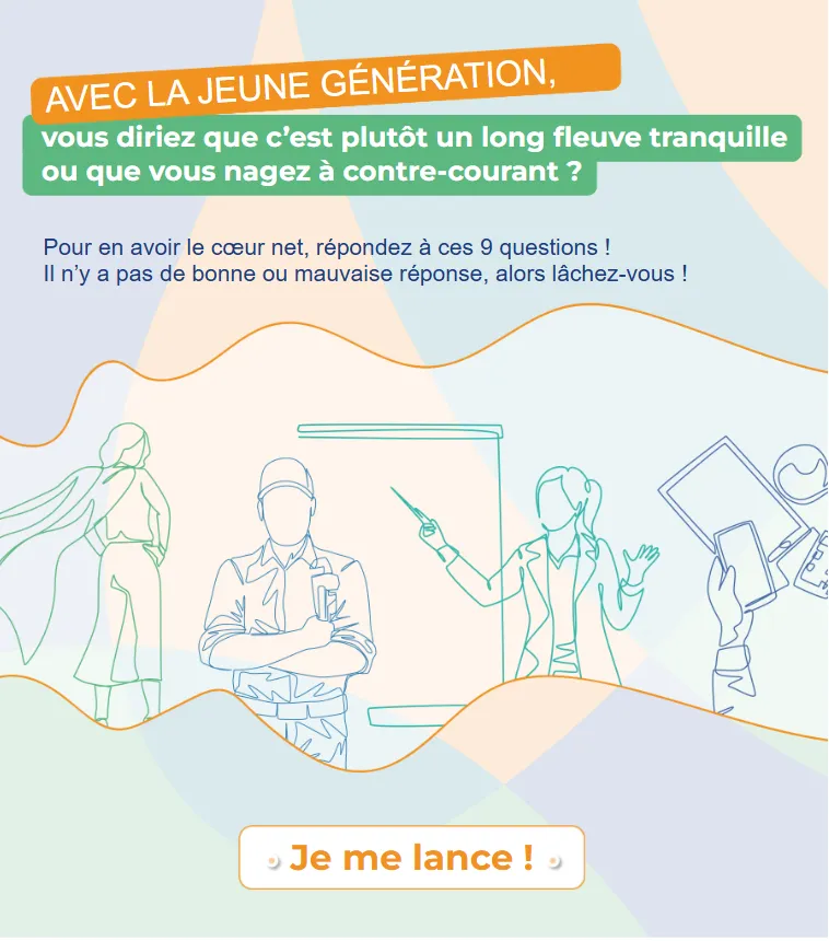 Écran d'ouverture du quiz « Avec la jeune génération » : neuf questions pour explorer sa posture de tuteur.