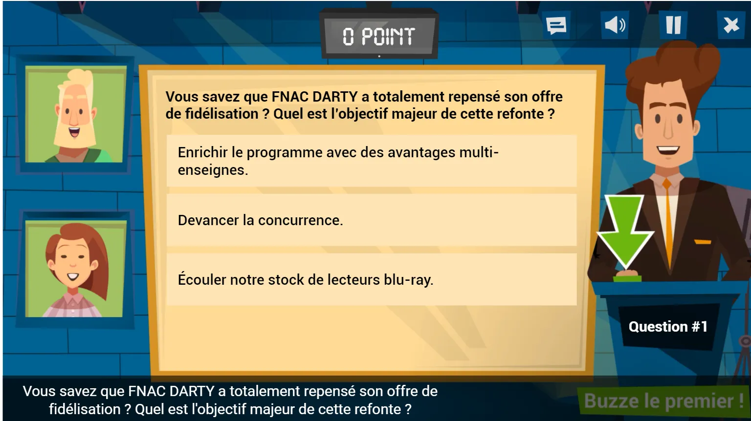 Première question du jeu : trois réponses possibles sur l'objectif de la refonte du programme de fidélité, le compteur de points affiché au-dessus du plateau.