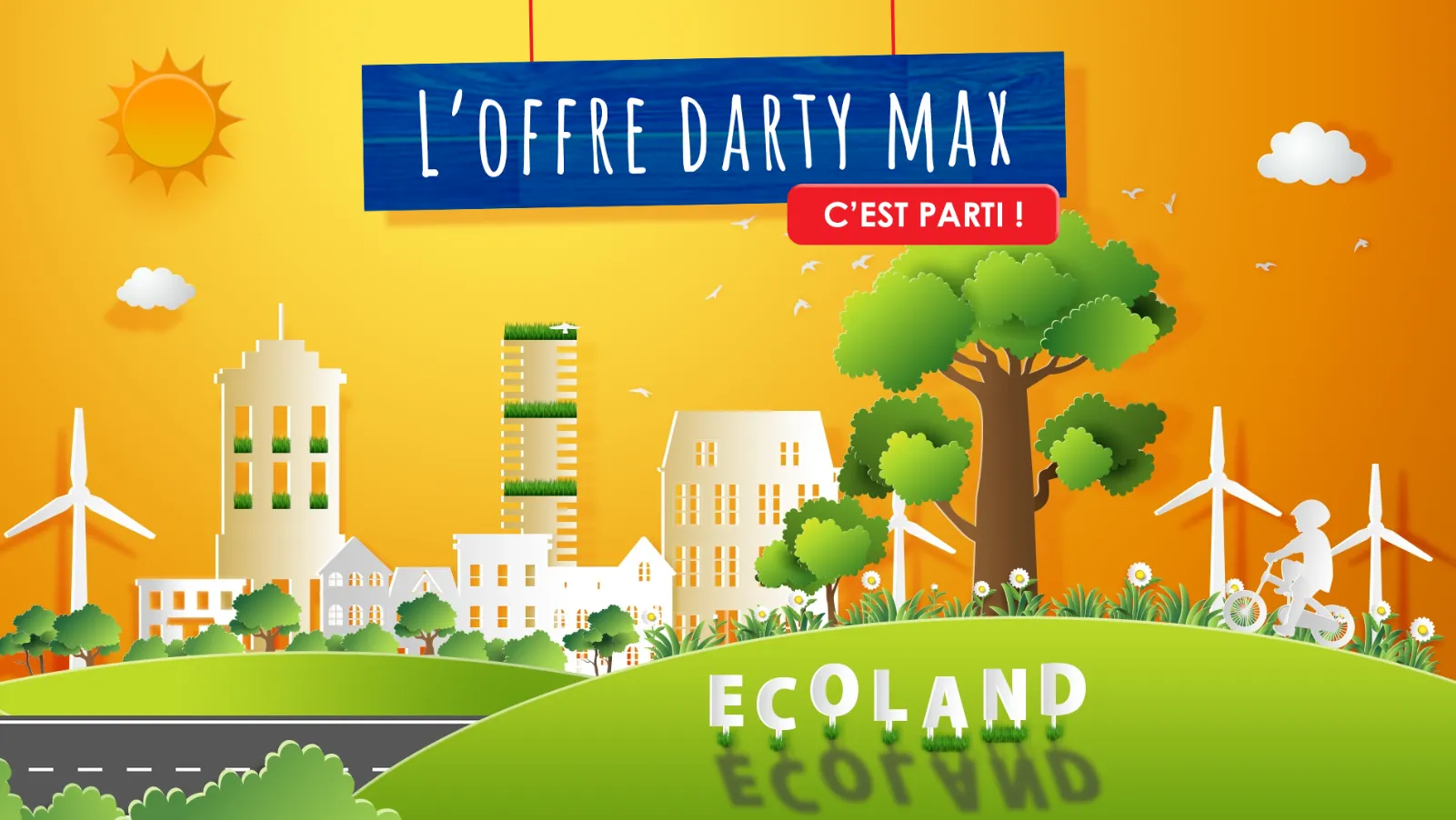 Écran d'ouverture de l'escape game « Ecoland », consacré à l'offre Darty Max : une ville en papier découpé, éoliennes et arbres au premier plan.