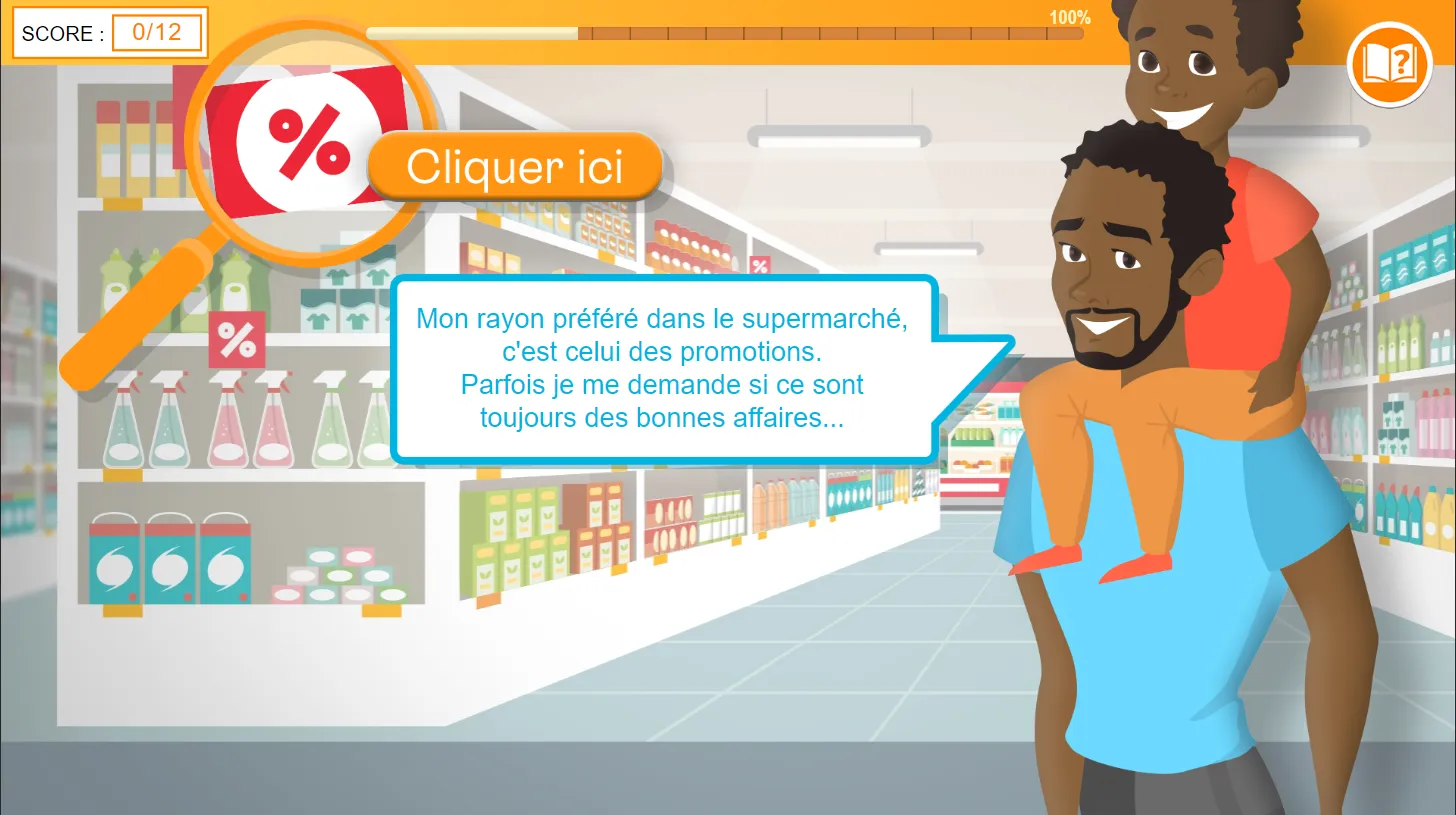 Première question du jeu : dans un rayon de supermarché, un père et son enfant s'interrogent sur les promotions.