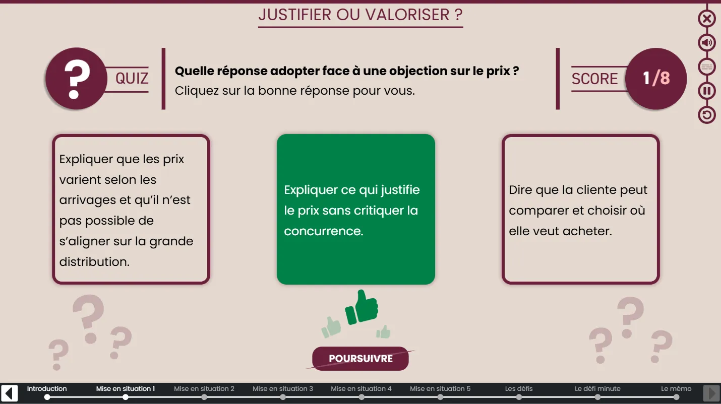 Mise en situation à embranchements : faire un choix parmi 3 options. Activité scorée.
