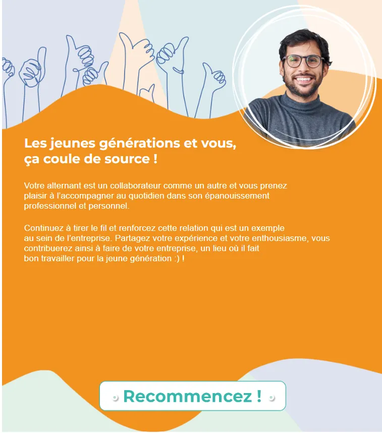 Écran de résultat personnalisé, avec un retour bienveillant sur sa posture de tuteur.
