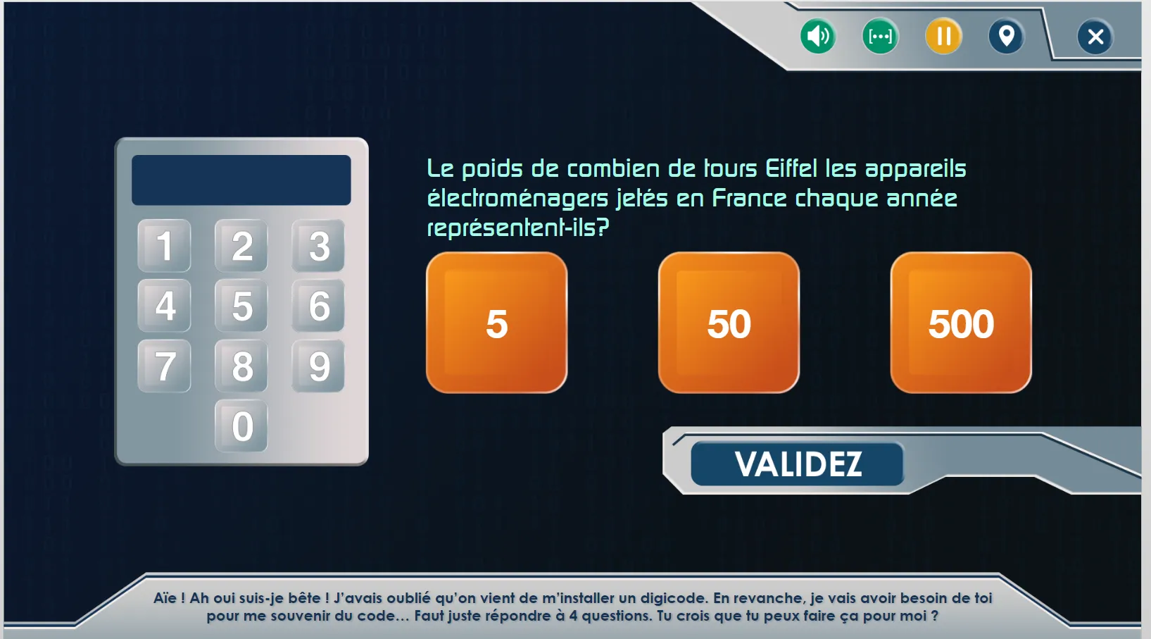 Énigme de l'escape game : un digicode à retrouver en répondant à quatre questions, dont le poids en tours Eiffel des appareils électroménagers jetés chaque année en France.