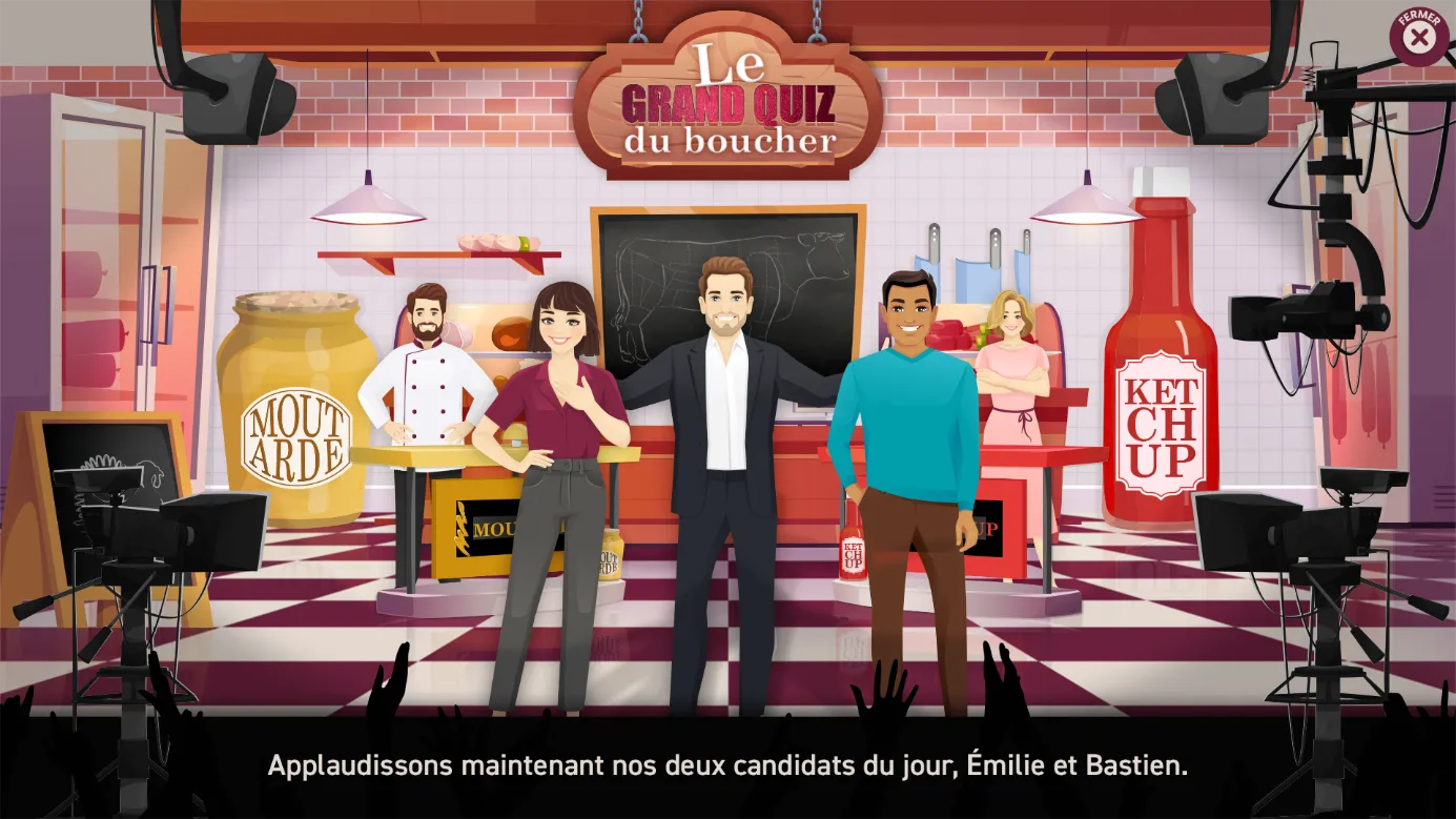 Le Grand Quiz du boucher : un plateau de jeu télévisé dressé dans une boucherie, deux candidats face au présentateur.