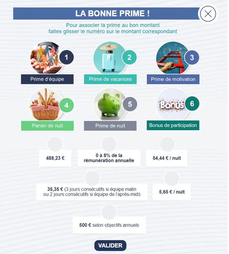 Activité glisser-déposer « La bonne prime ! » : associer chaque prime à son montant.