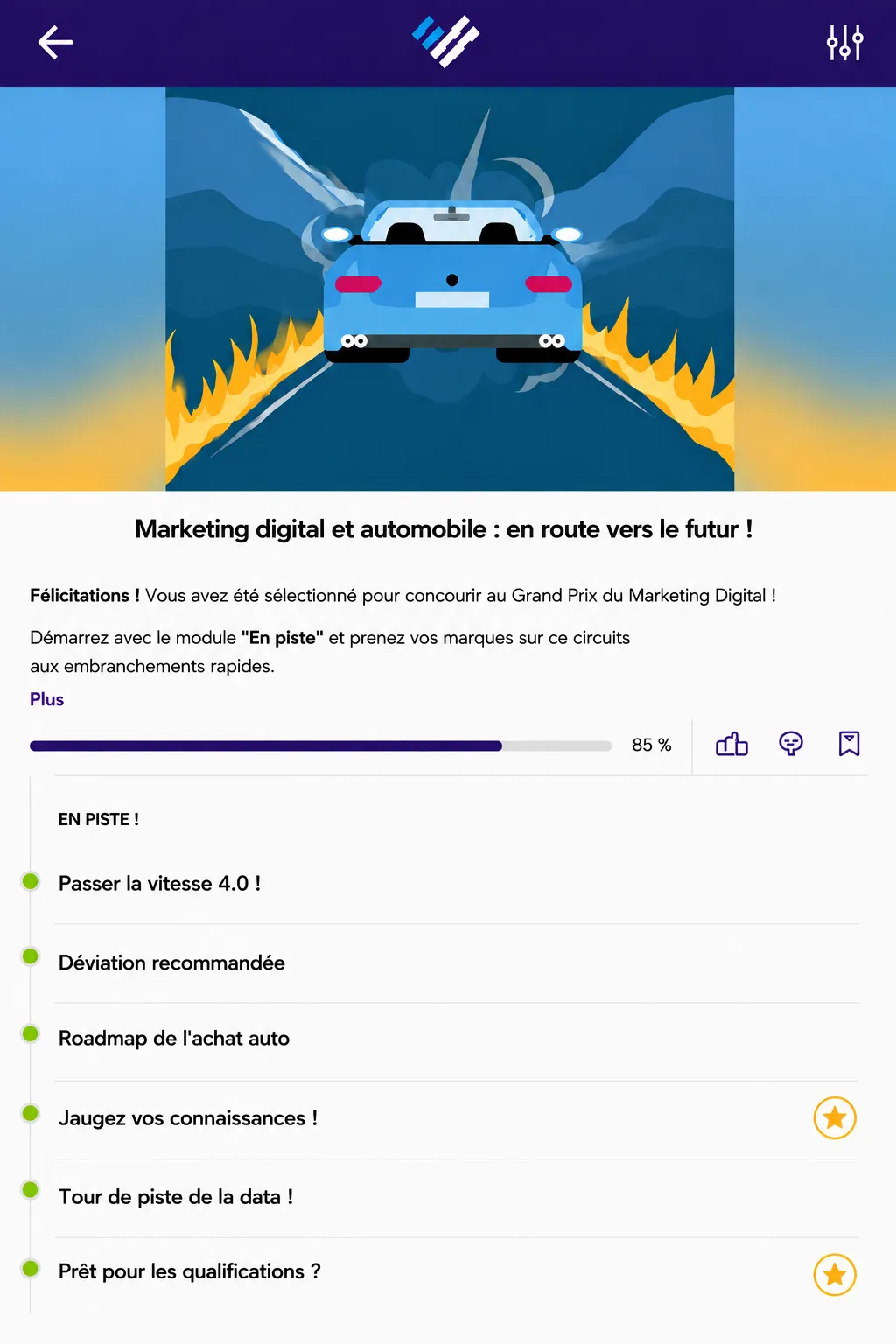 Écran d'ouverture du module « En route vers le futur », avec son fil de contenus classés par formateur.