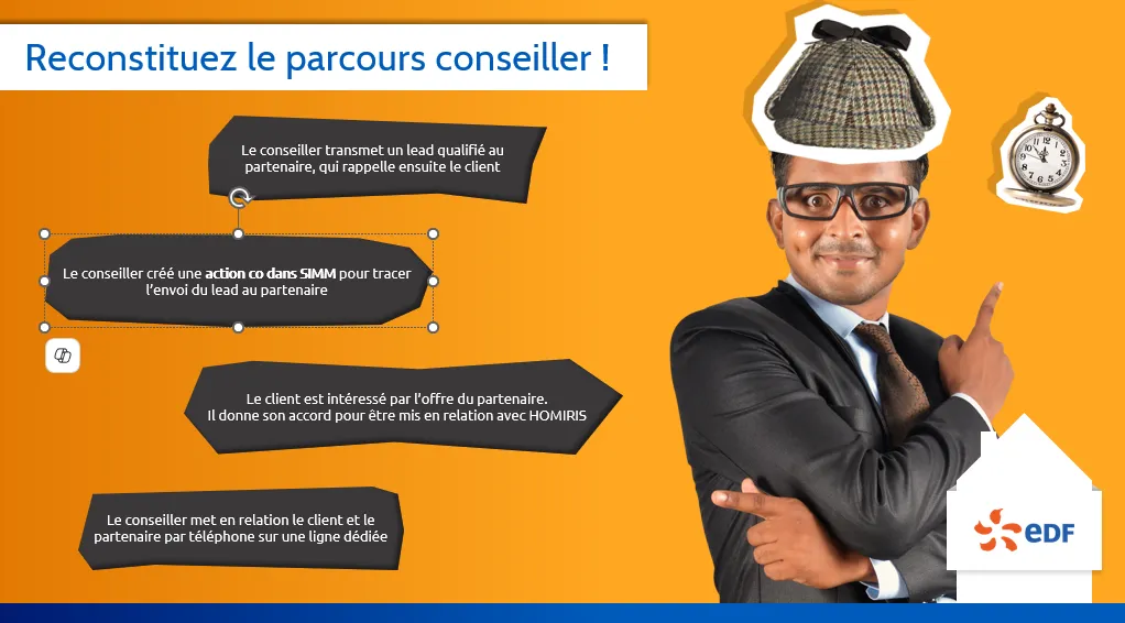 « Reconstituez le parcours conseiller ! » : remettre dans l'ordre les étapes de mise en relation avec le partenaire Homiris.