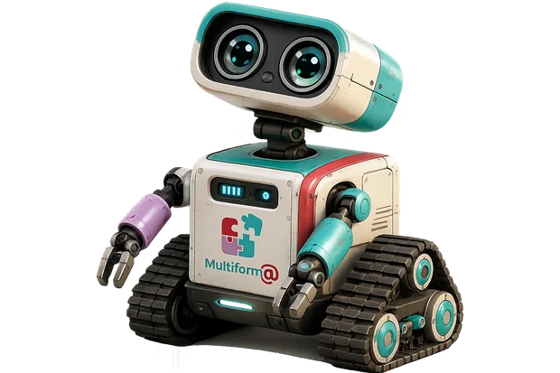 La mascotte MultiForm@ : un petit robot à chenilles portant le logo sur son torse