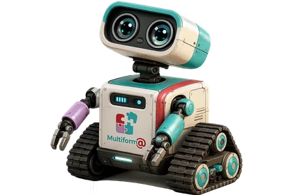 Puzz : un petit robot à chenilles portant le logo MultiForm@ sur son torse